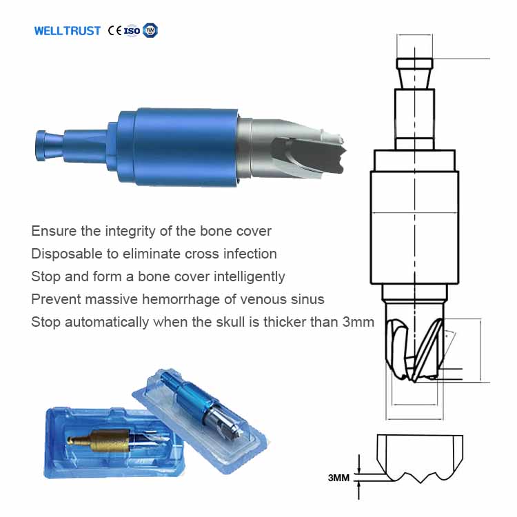Auto-stop mechanism of neurological skull drill bit